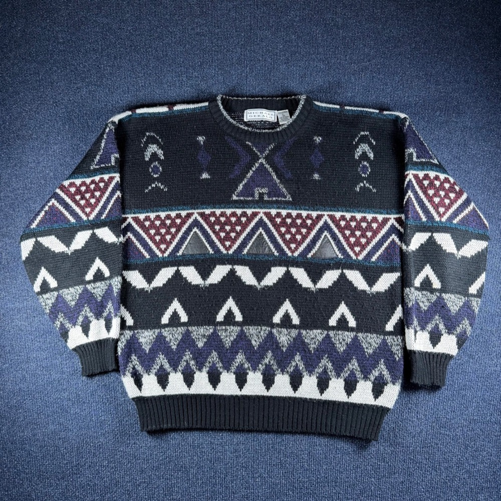 Michael Gerald Vintage Geometric Crewneck Sweater Mens L 48in Purple Acrylic